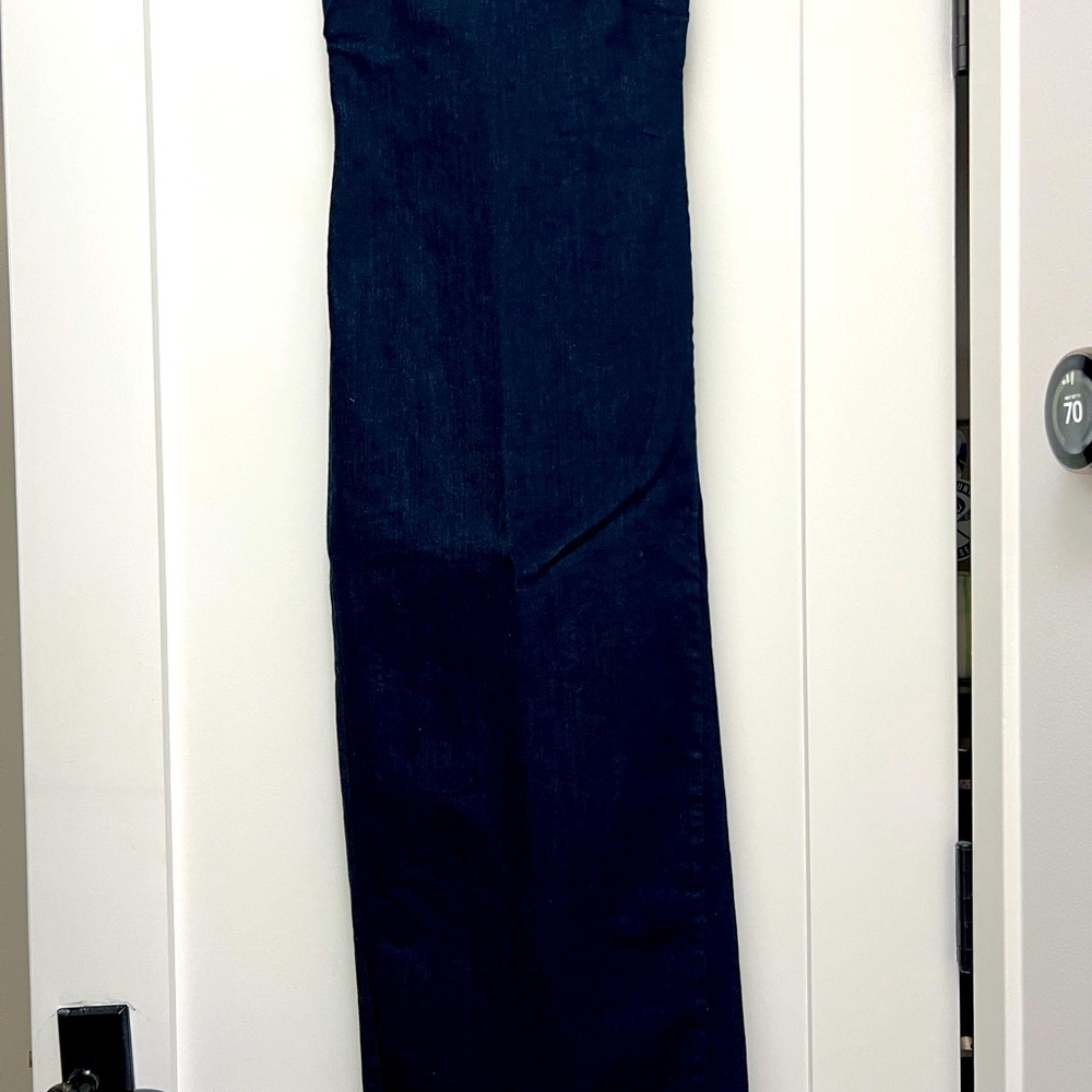 Zara fitted denim strapless dress.  Zipper back and slit in back.